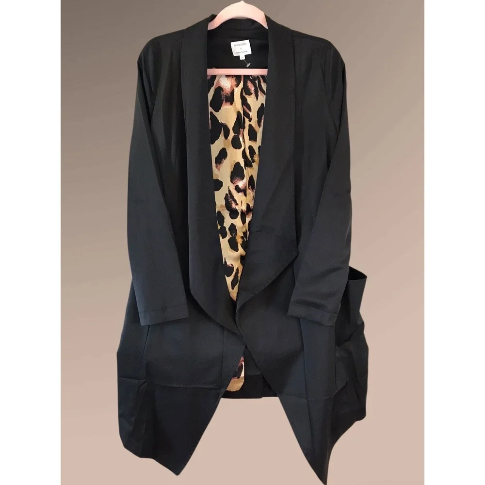 New Amaryllis x Ashlee Nichols Black Waterfall‎ Drape Leopard Lined Blazer XS